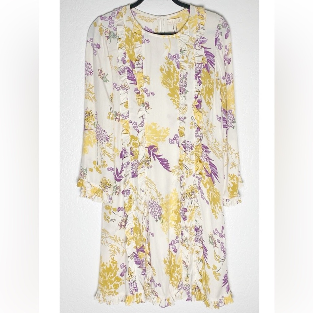 By TiMo Women's Cream Flowy Ruffle Trim Mini Dress Designer Luxury Floral NWT L